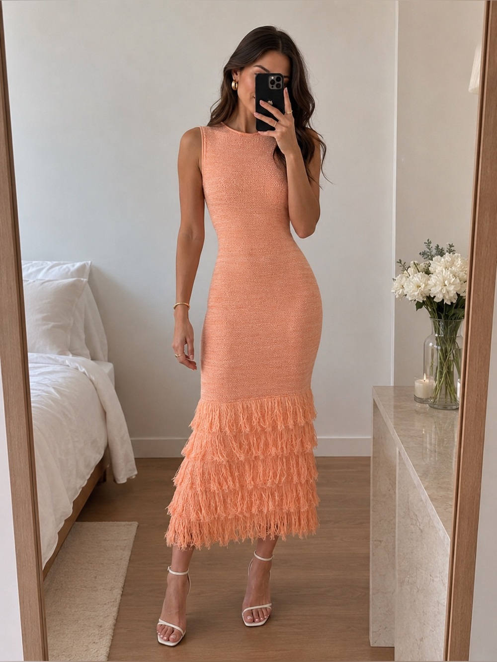 Torn By Ronny Kobo Contemporary Fringe Knit Midi Dress Peach Size M